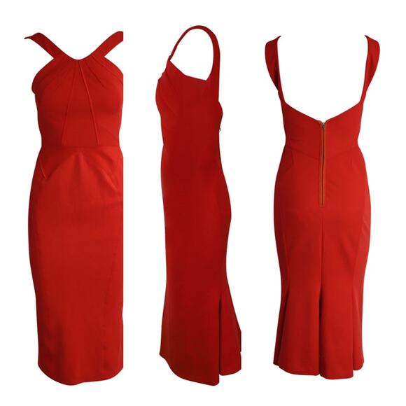Zac Posen Dresses & Skirts - Zac Posen Womens Midi Cocktail & Party Dress XS V-Neck Red Halter Dress